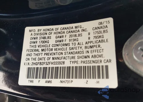 2015 Honda Civic Lx из США, поврежденный, VIN 2HGFB2F52FH555928